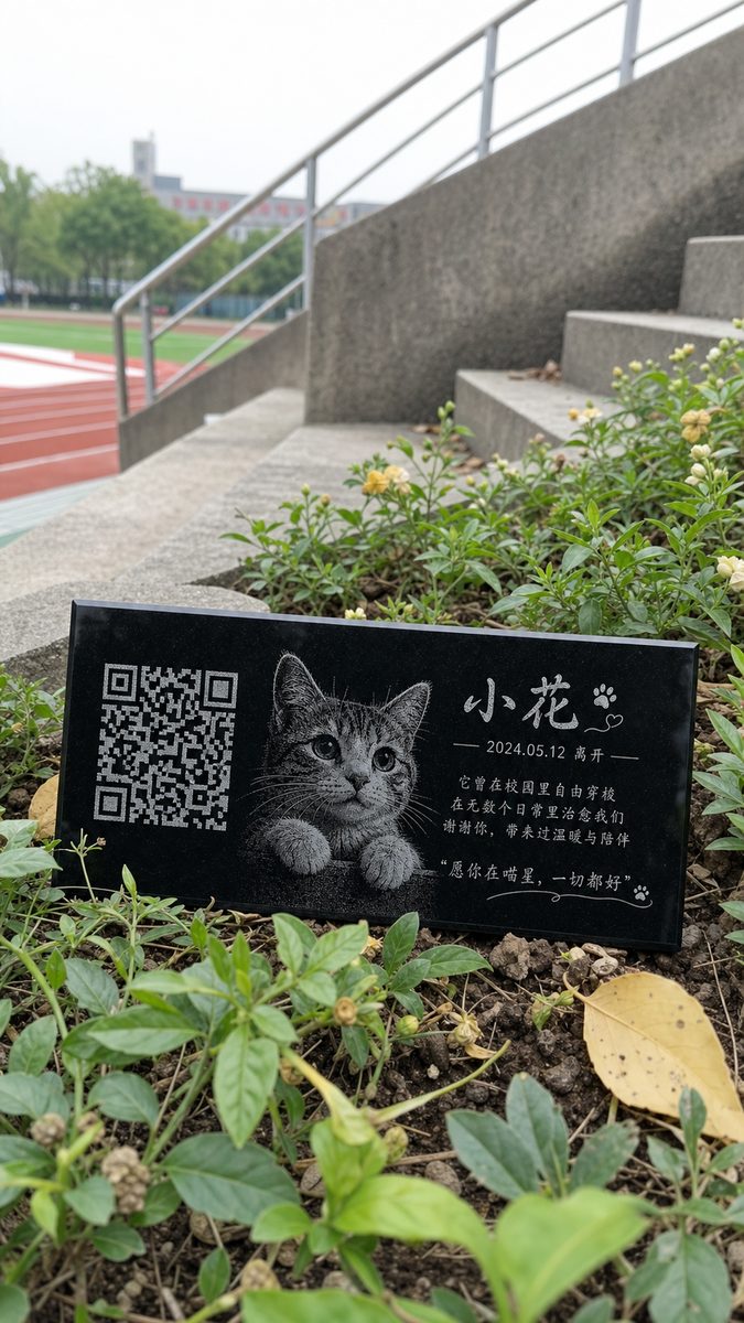 台阶旁土堆草地上安放的纪念石