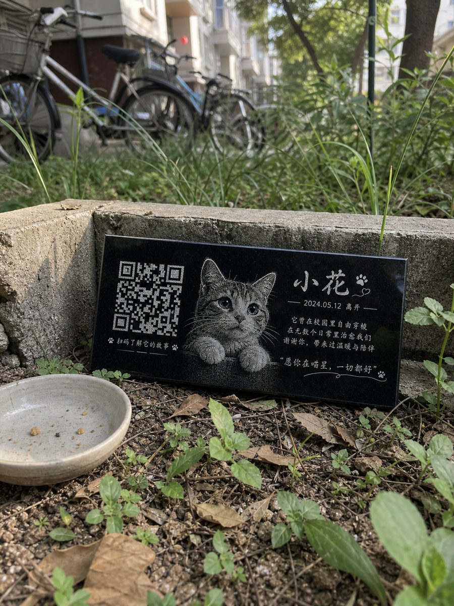 小区楼下花丛旁安放的纪念石